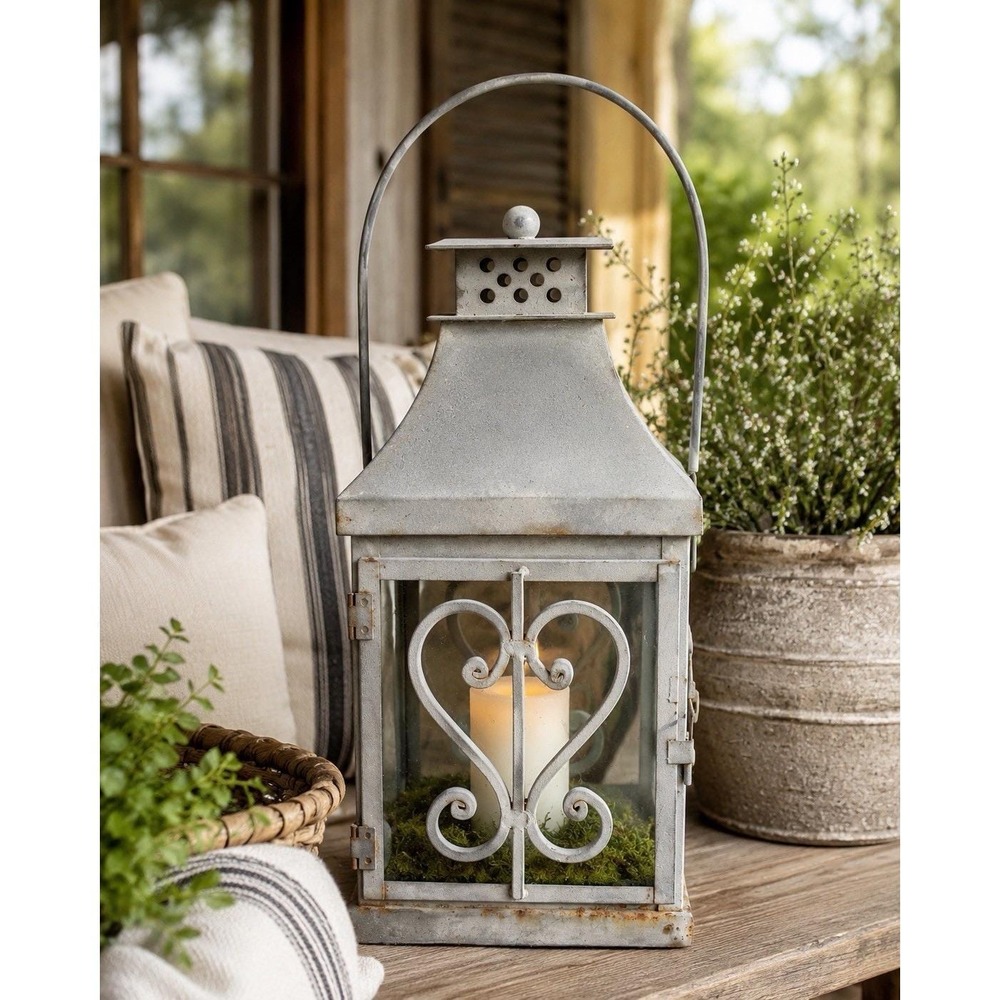 Heavy Metal Glass Lantern 16" Rustic Farmhouse Heart Scroll Cottage Decor VTG